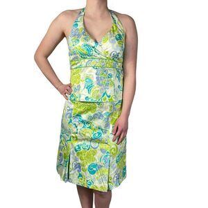 Sangria Blue and Green Two Piece Skirt and Top Floral Set